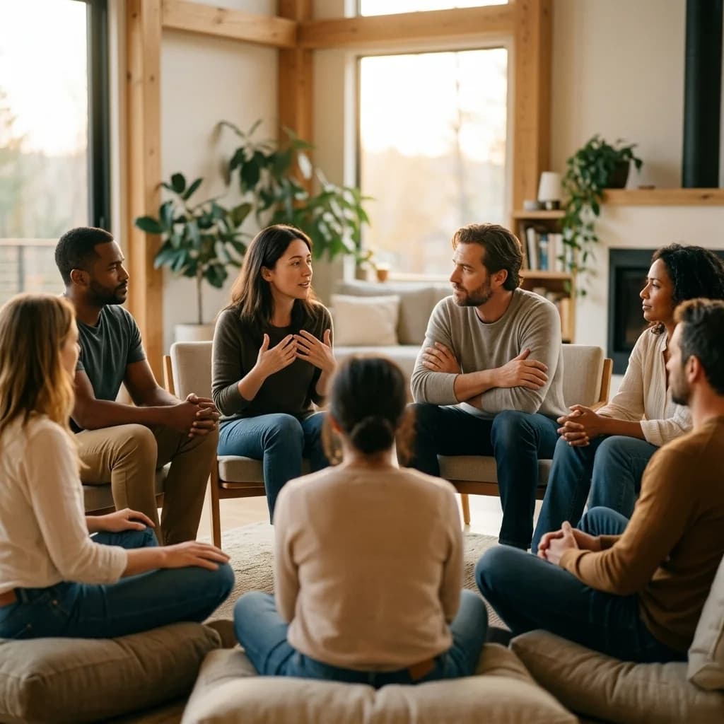 Un grupo de personas adultas sentadas en círculo, escuchando a una de ellas