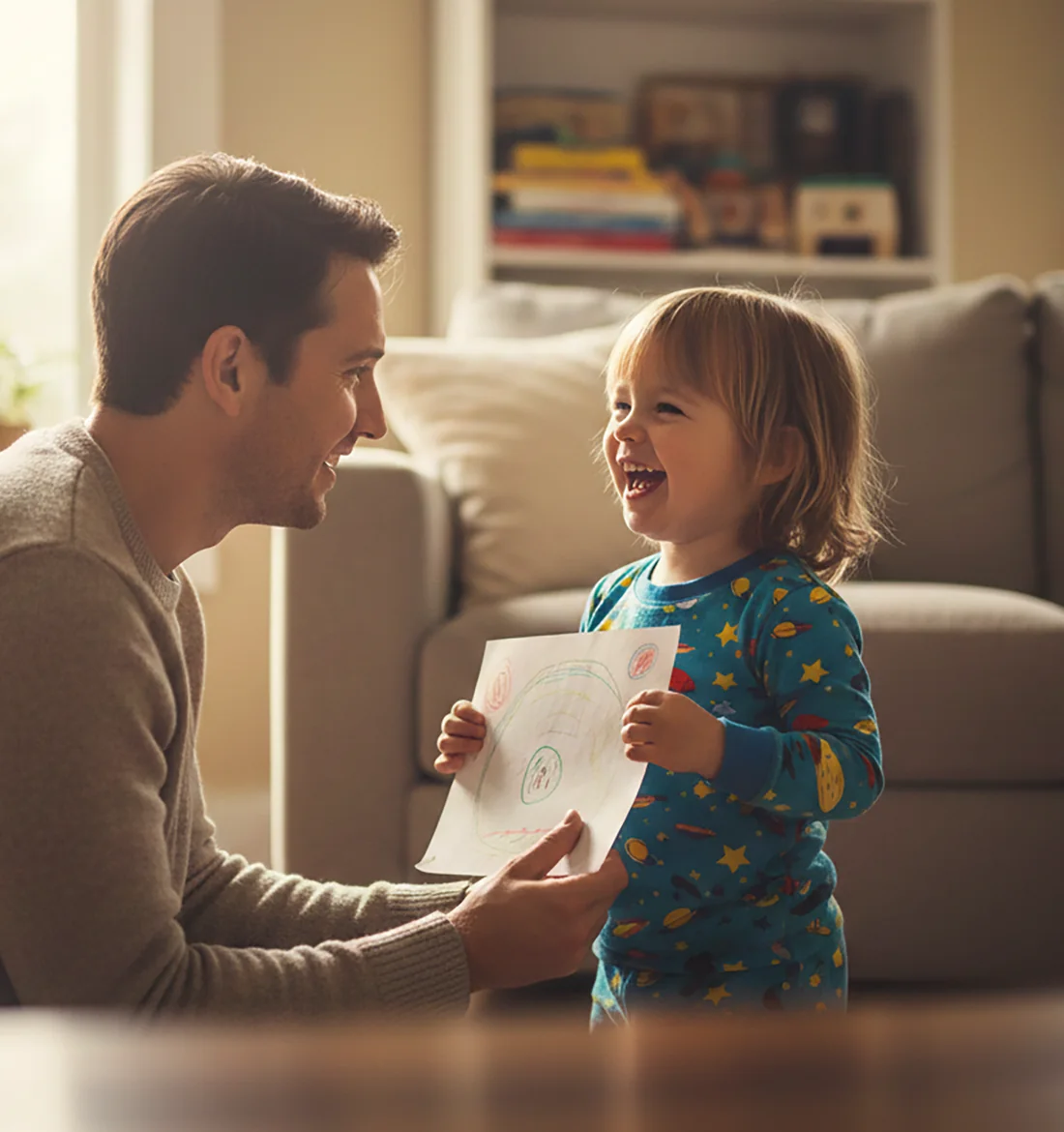 Un padre, en cuclillas, escucha a su hija mientras ella le enseña un dibujo.